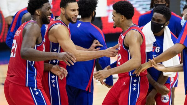 Joel Embiid, Ben Simmons and Tobias Harris